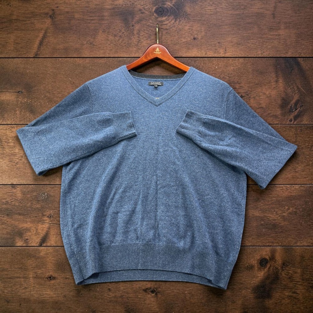 Tahari Mens 100% Cashmere V-Neck Sweater Blue Heather Knit Size Large